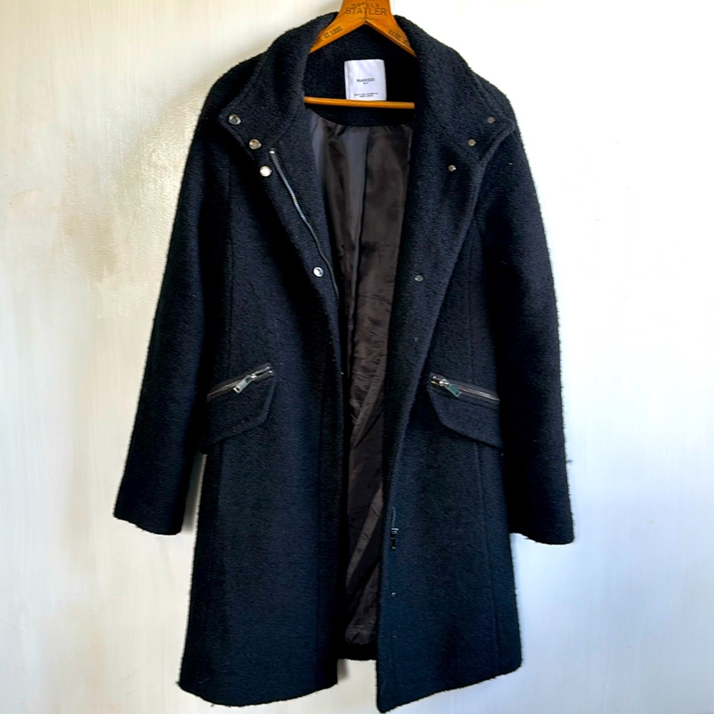 XS MANGO Nubbly Black Cozy Military Style Coat